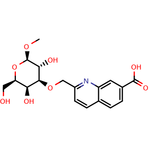 Chemical structure of 2-[[[(2R,3S,4S,5R,6R)-3,5-Dihydroxy-2-(hydroxymethyl)-6-methoxytetrahydro-2H-pyran-4-yl]oxy]methyl]quinoline-7-carboxylic Acid , CAS 2252209-21-3, AChemBlock V143360