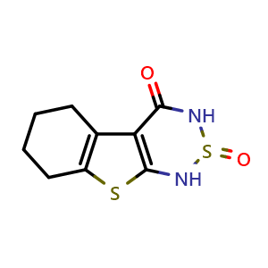 Chemical structure of 5,6,7,8-Tetrahydro-1H-benzo[4,5]thieno[2,3-c][1,2,6]thiadiazin-4(3H)-one 2-Oxide , CAS 77651-49-1, AChemBlock V143363