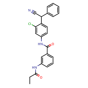 Chemical structure of N-[3-Chloro-4-[cyano(phenyl)methyl]phenyl]-3-propionamidobenzamide , CAS 1277620-87-7, AChemBlock V143371