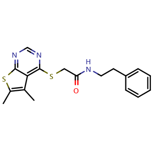 Chemical structure of 2-[(5,6-Dimethyl-4-thieno[2,3-d]pyrimidinyl)thio]-N-phenethylacetamide , CAS 379246-46-5, AChemBlock V143377