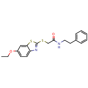 Chemical structure of 2-[(6-Ethoxy-2-benzothiazolyl)thio]-N-phenethylacetamide , CAS 332886-41-6, AChemBlock V143378