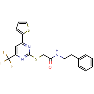 Chemical structure of N-Phenethyl-2-[[4-(2-thienyl)-6-(trifluoromethyl)-2-pyrimidinyl]thio]acetamide , CAS 505056-71-3, AChemBlock V143379