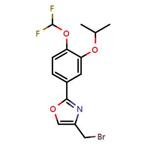 Chemical structure of 4-(Bromomethyl)-2-[4-(difluoromethoxy)-3-isopropoxyphenyl]oxazole , CAS 1574285-38-3, AChemBlock V143381