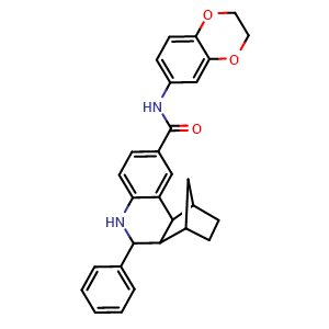 Chemical structure of N-(2,3-Dihydrobenzo[b][1,4]dioxin-6-yl)-6-phenyl-5,6,6a,7,8,9,10,10a-octahydro-7,10-methanophenanthridine-2-carboxamide , CAS 1005268-64-3, AChemBlock V143403