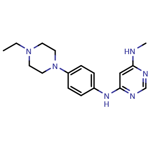 Chemical structure of N4-[4-(4-Ethylpiperazin-1-yl)phenyl]-N6-methylpyrimidine-4,6-diamine , CAS 872511-35-8, AChemBlock V143411