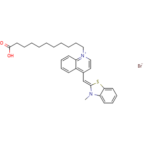 Chemical structure of (E)-1-(10-Carboxydecyl)-4-[(3-methylbenzo[d]thiazol-2(3H)-ylidene)methyl]quinolin-1-ium Bromide , CAS 672308-35-9, AChemBlock V143416