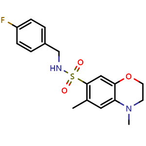 Chemical structure of N-(4-Fluorobenzyl)-4,6-dimethyl-3,4-dihydro-2H-benzo[b][1,4]oxazine-7-sulfonamide , CAS 891943-82-1, AChemBlock V143420