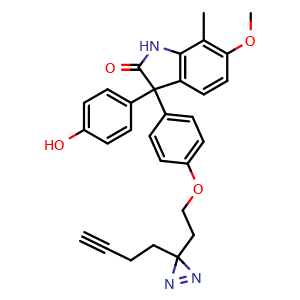 Chemical structure of 3-[4-[2-[3-(3-Butynyl)-3H-diazirin-3-yl]ethoxy]phenyl]-3-(4-hydroxyphenyl)-6-methoxy-7-methylindolin-2-one , CAS 2736396-73-7, AChemBlock V143436