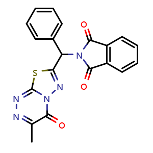 Chemical structure of 2-[(3-Methyl-4-oxo-4H-[1,3,4]thiadiazolo[2,3-c][1,2,4]triazin-7-yl)(phenyl)methyl]isoindoline-1,3-dione , CAS 1313238-73-1, AChemBlock V143441
