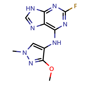Chemical structure of 2-Fluoro-N-(3-methoxy-1-methyl-4-pyrazolyl)-9H-purin-6-amine , CAS 1776113-93-9, AChemBlock V143447