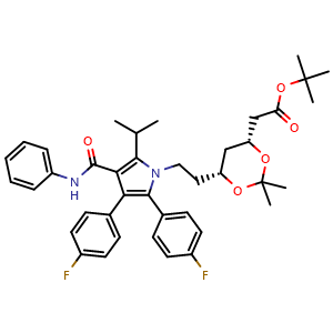 Chemical structure of tert-Butyl (4R,6R)-6-[2-[2,3-Bis(4-fluorophenyl)-5-isopropyl-4-(phenylcarbamoyl)-1-pyrrolyl]ethyl]-2,2-dimethyl-1,3-dioxane-4-acetate , CAS 693793-87-2, AChemBlock V143473
