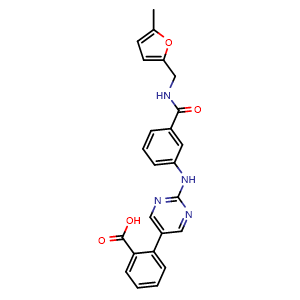 Chemical structure of 2-[2-[[3-[[(5-Methyl-2-furyl)methyl]carbamoyl]phenyl]amino]-5-pyrimidinyl]benzoic Acid , AChemBlock V143475