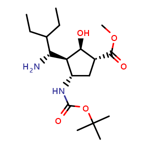 Chemical structure of Methyl (1R,2R,3R,4S)-4-(Boc-amino)-3-[(R)-1-amino-2-ethylbutyl]-2-hydroxycyclopentanecarboxylate , AChemBlock V143476