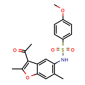 Chemical structure of N-(3-Acetyl-2,6-dimethylbenzofuran-5-yl)-4-methoxybenzenesulfonamide , CAS 848335-57-9, AChemBlock V143483