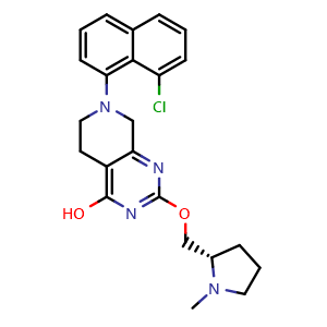 Chemical structure of (S)-7-(8-Chloro-1-naphthyl)-2-[(1-methyl-2-pyrrolidinyl)methoxy]-5,6,7,8-tetrahydropyrido[3,4-d]pyrimidin-4-ol , CAS 2408250-15-5, AChemBlock V143488