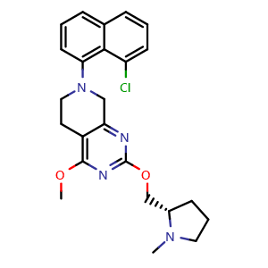 Chemical structure of (S)-7-(8-Chloro-1-naphthyl)-4-methoxy-2-[(1-methyl-2-pyrrolidinyl)methoxy]-5,6,7,8-tetrahydropyrido[3,4-d]pyrimidine , CAS 2490717-31-0, AChemBlock V143489