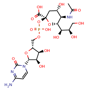 Chemical structure of (2R,4S,5R,6R)-5-acetamido-2-(((((2R,3S,4R,5R)-5-(4-amino-2-oxopyrimidin-1(2H)-yl)-3,4-dihydroxytetrahydrofuran-2-yl)methoxy)(hydroxy)phosphoryl)oxy)-4-hydroxy-6-((1R,2R)-1,2,3-trihydroxypropyl)tetrahydro-2H-pyran-2-carboxylic acid , CAS 3063-71-6, AChemBlock V143499