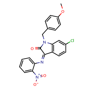 Chemical structure of 6-Chloro-1-(4-methoxybenzyl)-3-[(2-nitrophenyl)imino]indolin-2-one , AChemBlock V143516