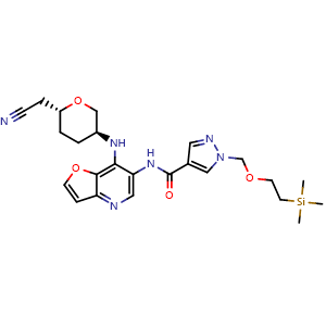 Chemical structure of N-[7-[[(3S,6R)-6-(Cyanomethyl)tetrahydro-2H-pyran-3-yl]amino]furo[3,2-b]pyridin-6-yl]-1-[[2-(trimethylsilyl)ethoxy]methyl]-1H-pyrazole-4-carboxamide , AChemBlock V143526