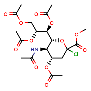 Chemical structure of (1S,2R)-1-[(2R,3R,4S)-3-Acetamido-4-acetoxy-6-chloro-6-(methoxycarbonyl)tetrahydro-2H-pyran-2-yl]propane-1,2,3-triyl Triacetate , CAS 132883-18-2, AChemBlock V143534