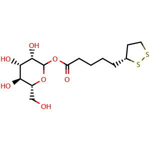 Chemical structure of (3S,4S,5S,6R)-3,4,5-Trihydroxy-6-(hydroxymethyl)tetrahydro-2H-pyran-2-yl 5-[(R)-1,2-Dithiolan-3-yl]pentanoate , AChemBlock V143543