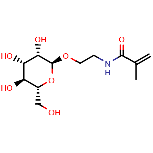 Chemical structure of N-[2-[[(2S,3S,4S,5S,6R)-3,4,5-Trihydroxy-6-(hydroxymethyl)tetrahydro-2H-pyran-2-yl]oxy]ethyl]methacrylamide , CAS 1632153-02-6, AChemBlock V143559