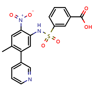 Chemical structure of 3-[N-[4-Methyl-2-nitro-5-(3-pyridyl)phenyl]sulfamoyl]benzoic Acid , CAS 1612888-66-0, AChemBlock V143565