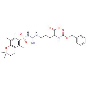 Chemical structure of 2-(Cbz-amino)-5-[3-[(2,2,5,7,8-pentamethyl-6-chromanyl)sulfonyl]guanidino]pentanoic Acid , AChemBlock V143567