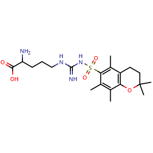 Chemical structure of 2-Amino-5-[3-[(2,2,5,7,8-pentamethyl-6-chromanyl)sulfonyl]guanidino]pentanoic Acid , AChemBlock V143568