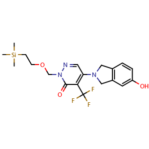 Chemical structure of 5-(5-Hydroxy-2-isoindolinyl)-4-(trifluoromethyl)-2-[[2-(trimethylsilyl)ethoxy]methyl]pyridazin-3(2H)-one , CAS 2379390-65-3, AChemBlock V143570