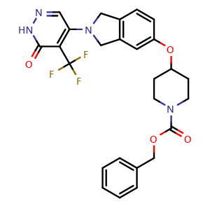 Chemical structure of 5-[5-[(1-Cbz-4-piperidyl)oxy]-2-isoindolinyl]-4-(trifluoromethyl)pyridazin-3(2H)-one , AChemBlock V143572