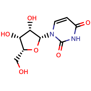 Chemical structure of 1-[(2R,3S,4R,5R)-3,4-dihydroxy-5-(hydroxymethyl)tetrahydro-2-furyl]pyrimidine-2,4(1H,3H)-dione , CAS 4348-61-2, AChemBlock V143573