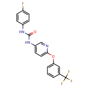 Chemical structure of 1-(4-Fluorophenyl)-3-[6-[3-(trifluoromethyl)phenoxy]-3-pyridyl]urea , CAS 708987-18-2, AChemBlock V143574