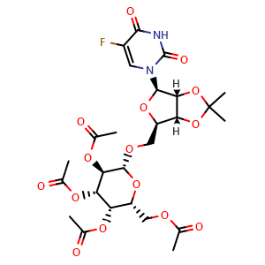 Chemical structure of (2R,3S,4S,5R,6R)-2-(Acetoxymethyl)-6-[[(3aR,4R,6R,6aR)-6-(5-fluoro-2,4-dioxo-3,4-dihydropyrimidin-1(2H)-yl)-2,2-dimethyltetrahydrofuro[3,4-d][1,3]dioxol-4-yl]methoxy]tetrahydro-2H-pyran-3,4,5-triyl Triacetate , CAS 319426-76-1, AChemBlock V143576