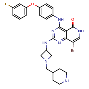 Chemical structure of 8-Bromo-4-[[4-(3-fluorophenoxy)phenyl]amino]-2-[[1-(4-piperidylmethyl)-3-azetidinyl]amino]pyrido[4,3-d]pyrimidin-5(6H)-one , CAS 2845127-21-9, AChemBlock V143581