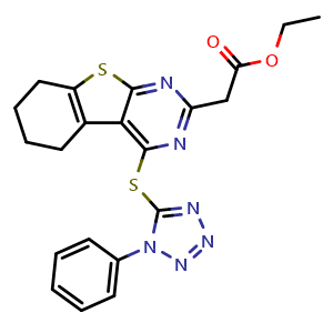 Chemical structure of Ethyl 2-[4-[(1-Phenyl-5-tetrazolyl)thio]-5,6,7,8-tetrahydrobenzo[4,5]thieno[2,3-d]pyrimidin-2-yl]acetate , CAS 2366269-63-6, AChemBlock V143586