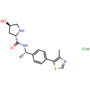 Chemical structure of (2S,4R)-4-Hydroxy-N-[(S)-1-[4-(4-methyl-5-thiazolyl)phenyl]ethyl]pyrrolidine-2-carboxamide Hydrochloride , CAS 2086301-13-3, AChemBlock V143597