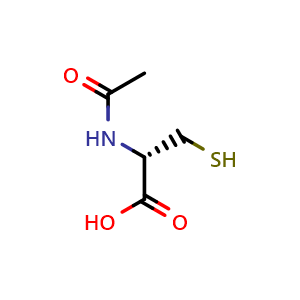Chemical structure of (2S)-2-(acetylamino)-3-sulfanylpropanoic acid , CAS 26117-28-2, AChemBlock V143772