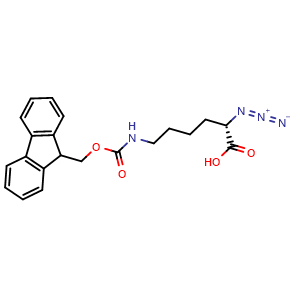 Chemical structure of (S)-6-((((9H-fluoren-9-yl)methoxy)carbonyl)amino)-2-azidohexanoic acid , CAS 473430-12-5, AChemBlock V143796