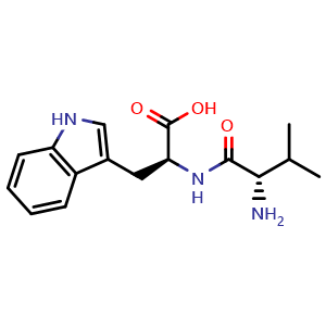 Chemical structure of (2S)-2-{[(2S)-2-amino-3-methylbutanoyl]amino}-3-(1H-indol-3-yl)propanoic acid , CAS 24587-37-9, AChemBlock V143830