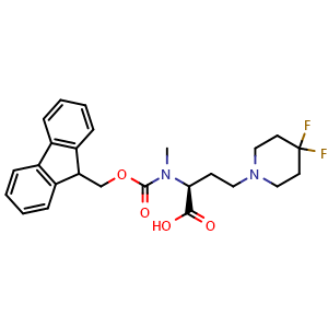Chemical structure of (2S)-4-(4,4-difluoropiperidin-1-yl)-2-({[(9H-fluoren-9-yl)methoxy]carbonyl}(methyl)amino)butanoic acid , CAS 2255321-31-2, AChemBlock V143837