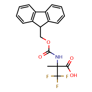 Chemical structure of 2-(9H-fluoren-9-ylmethoxycarbonylamino)-3,3,3-trifluoro-2-methylpropanoic acid , CAS 1932361-33-5, AChemBlock V143847