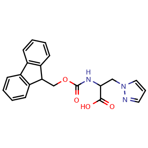 Chemical structure of 2-(9H-fluoren-9-ylmethoxycarbonylamino)-3-pyrazol-1-ylpropanoic acid , CAS 948594-98-7, AChemBlock V143848