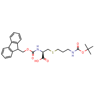 Chemical structure of (2R)-3-({3-[(tert-butoxycarbonyl)amino]propyl}sulfanyl)-2-{[(9H-fluoren-9-ylmethoxy)carbonyl]amino}propanoic acid , CAS 173963-91-2, AChemBlock V143865