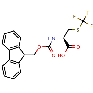 Chemical structure of (2R)-2-({[(9H-fluoren-9-yl)methoxy]carbonyl}amino)-3-[(trifluoromethyl)sulfanyl]propanoic acid , CAS 1994331-25-7, AChemBlock V143867