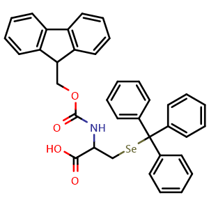 Chemical structure of 2-(9H-Fluoren-9-ylmethoxycarbonylamino)-3-tritylselanylpropanoic acid , CAS 1639843-37-0, AChemBlock V143868