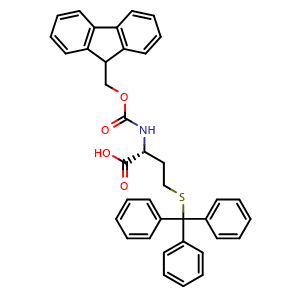 Chemical structure of (2R)-2-{[(9H-fluoren-9-ylmethoxy)carbonyl]amino}-4-(tritylsulfanyl)butanoic acid , CAS 1007840-62-1, AChemBlock V143869