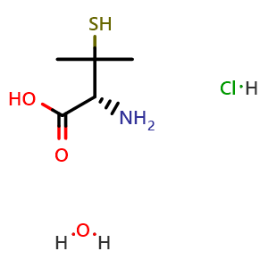 Chemical structure of (2R)-2-amino-3-methyl-3-sulfanylbutanoic acid hydrate hydrochloride , CAS 50967-93-6, AChemBlock V143891