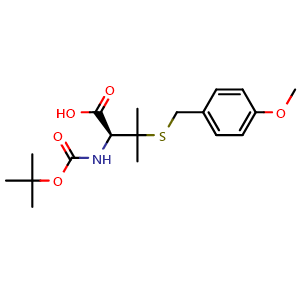 Chemical structure of (S)-2-((tert-Butoxycarbonyl)amino)-3-((4-methoxybenzyl)thio)-3-methylbutanoic acid , CAS 106306-57-4, AChemBlock V143893