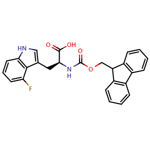 Chemical structure of (2S)-2-({[(9H-fluoren-9-yl)methoxy]carbonyl}amino)-3-(4-fluoro-1H-indol-3-yl)propanoic acid , CAS 2244532-65-6, AChemBlock V143915
